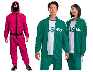 Three people wearing costumes for characters from Squid Game on a white background.