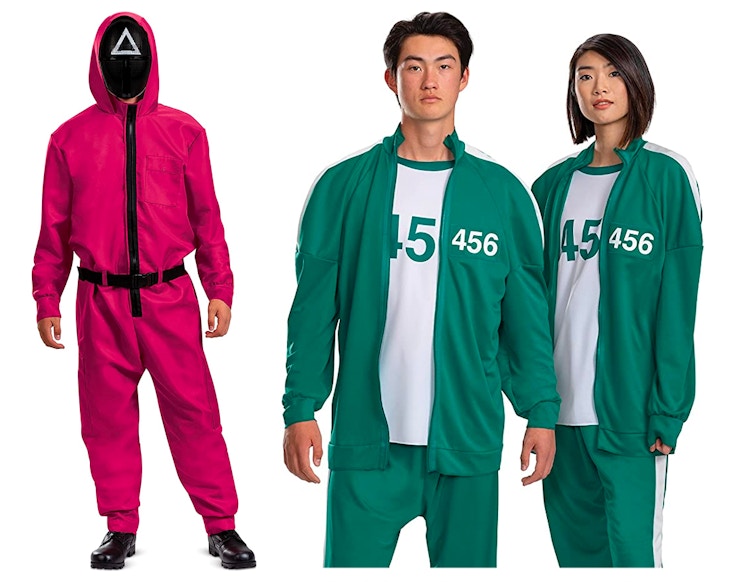 Three people wearing costumes for characters from Squid Game on a white background.