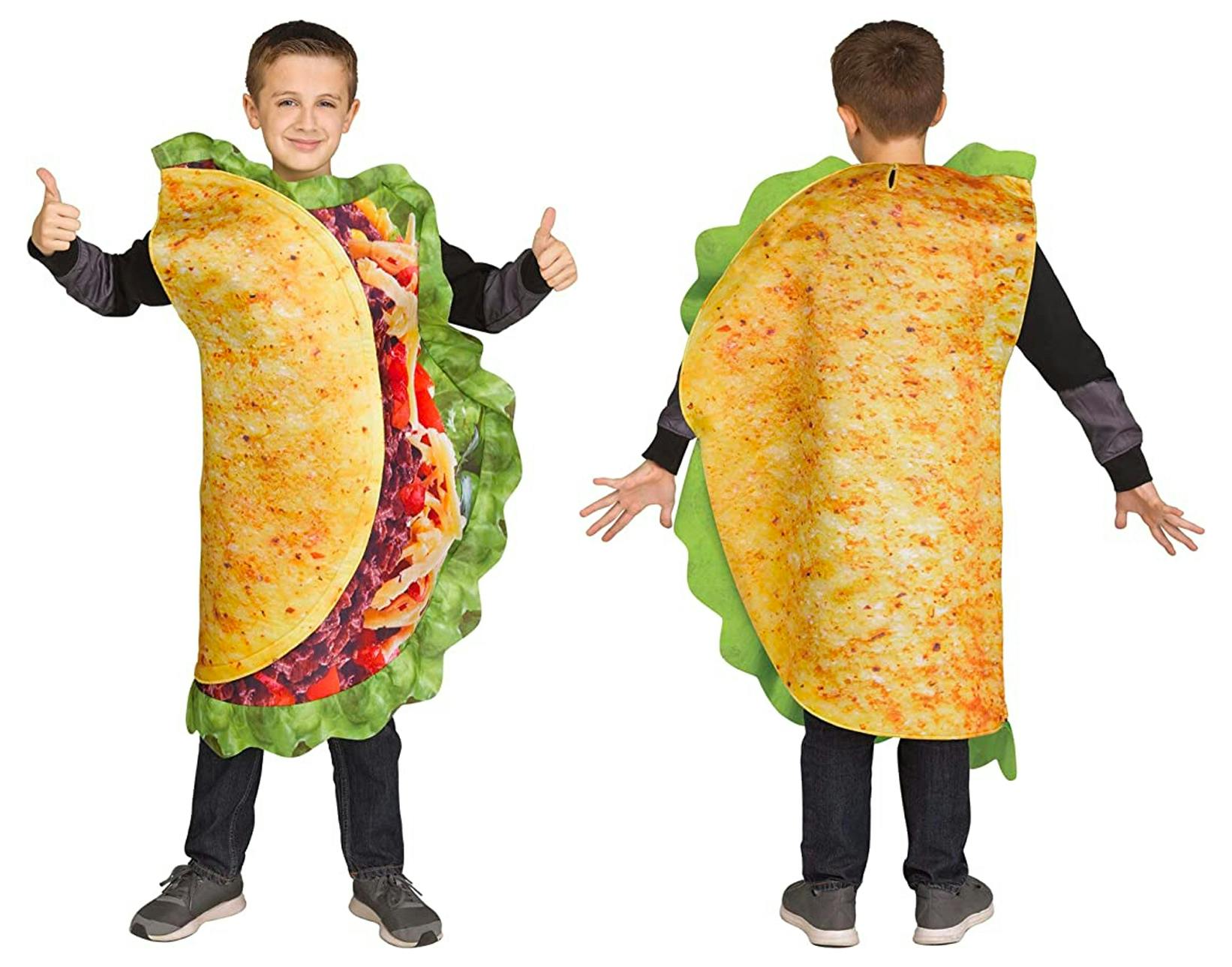 A child wearing a taco Halloween costume showing the front and back on a white background.