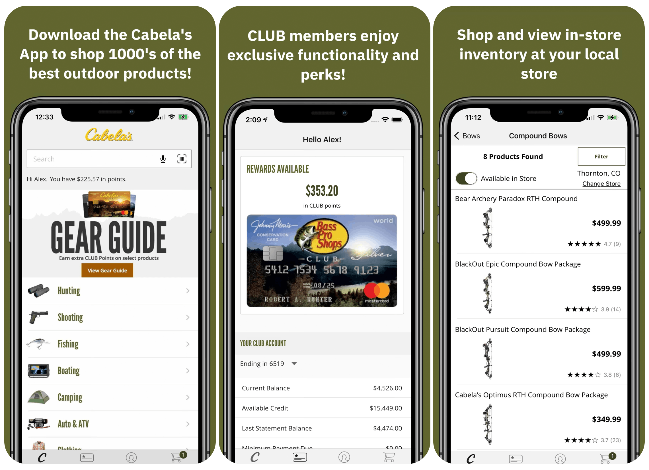 A graphic of three phones showing the Cabela's mobile app features.
