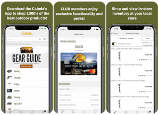 A graphic of three phones showing the Cabela's mobile app features.