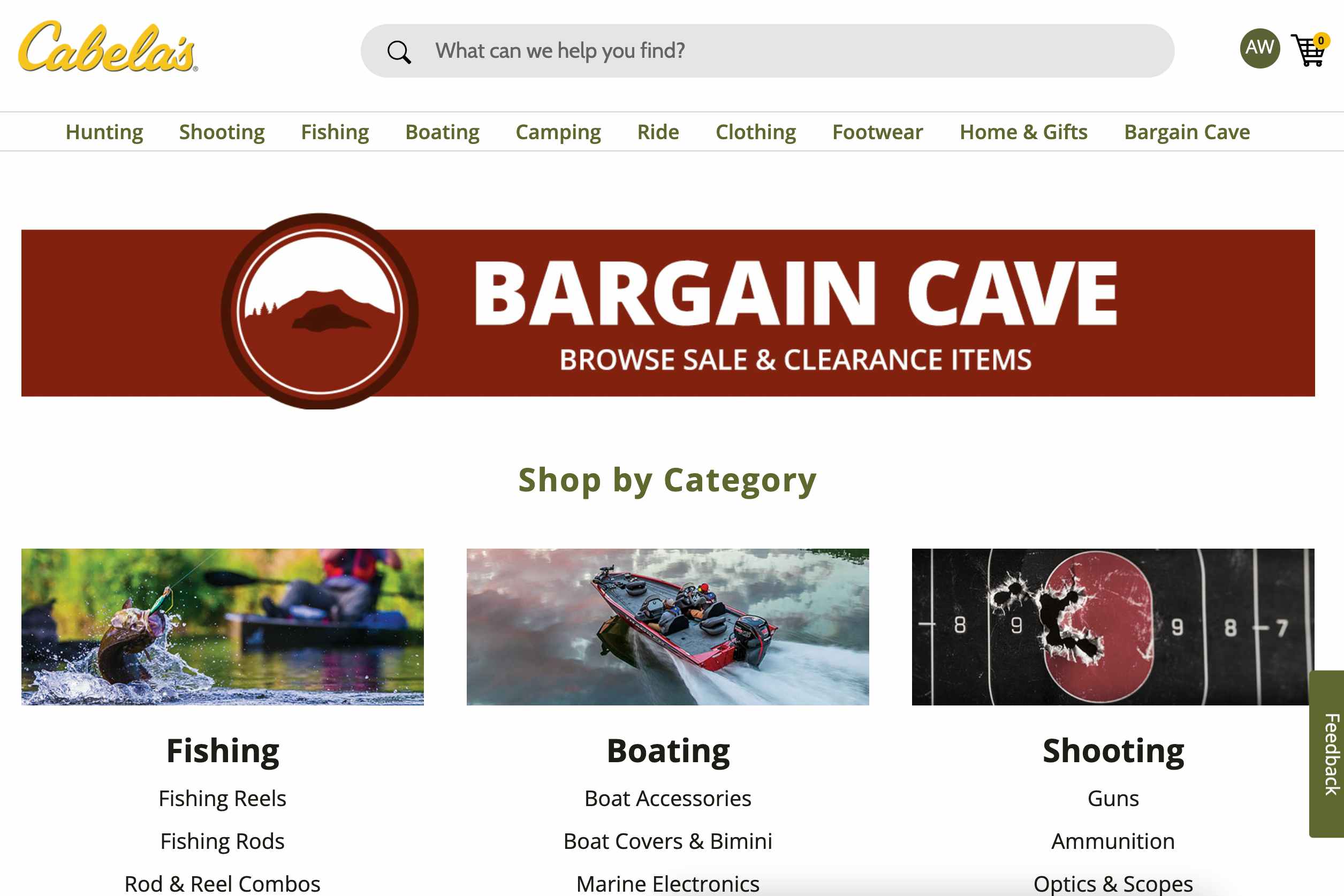 A screenshot of the Cabela's Bargain Cave webpage.