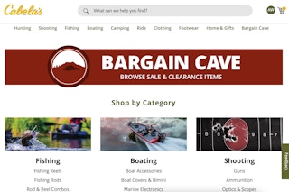 A screenshot of the Cabela's Bargain Cave webpage.