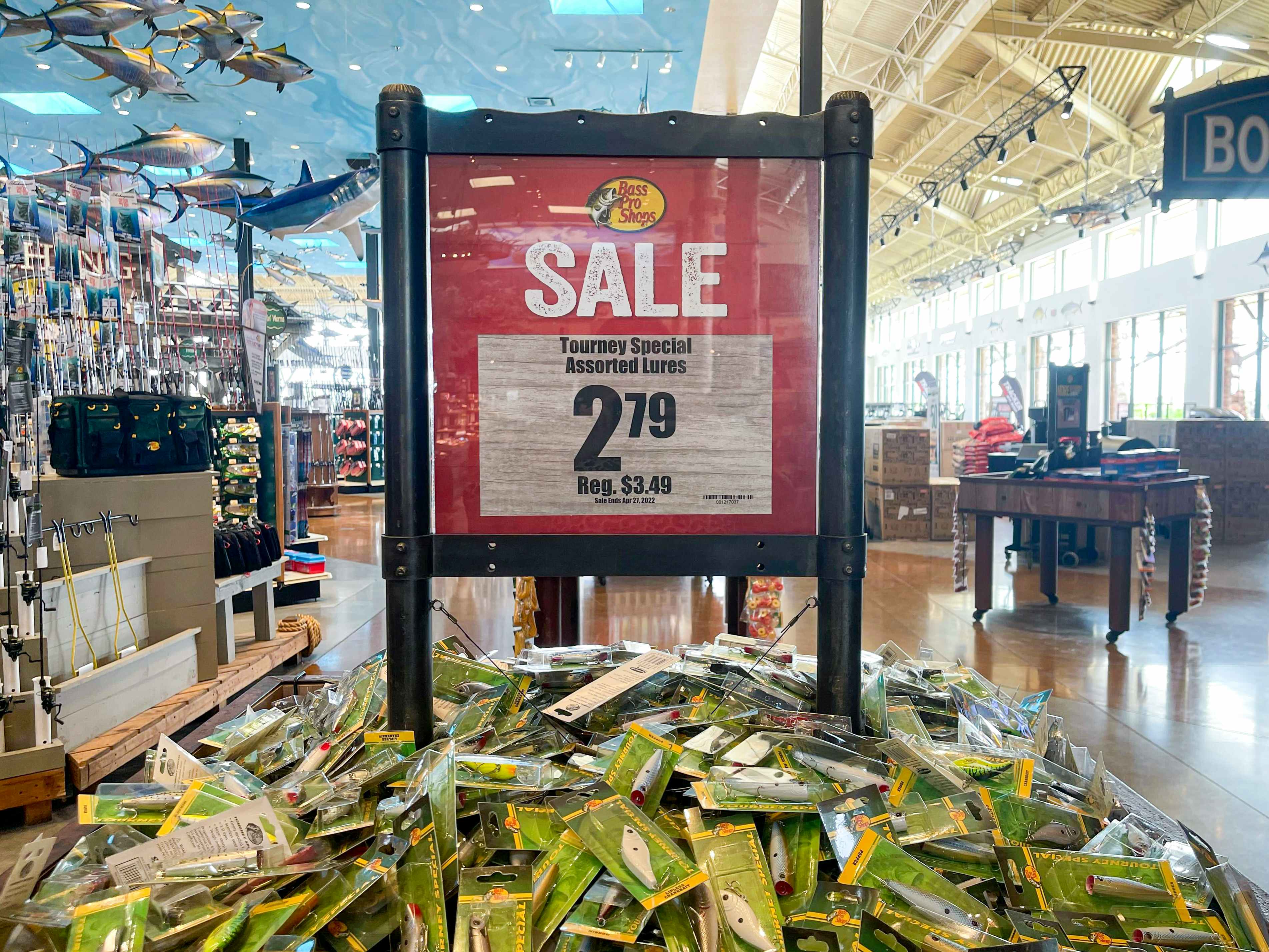 A display of lures that are on sale at Cabela's / Bass Pro Shops.