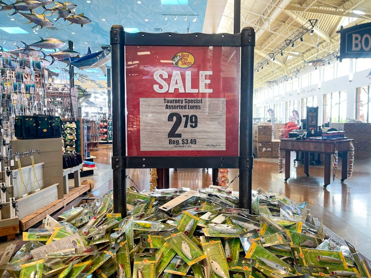 A display of lures that are on sale at Cabela's / Bass Pro Shops.