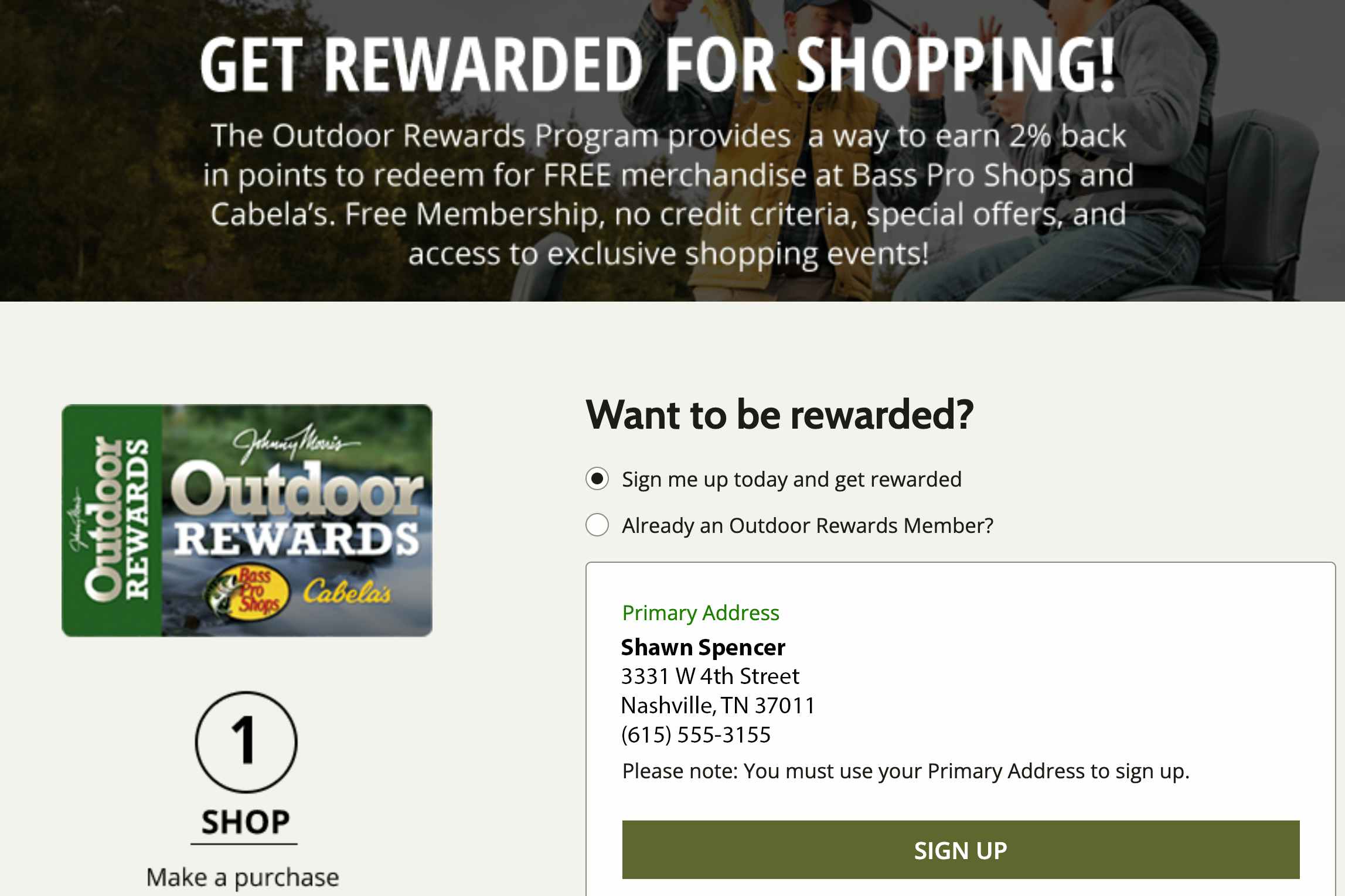 A screenshot of the information page for Cabela's Outdoor Rewards program.