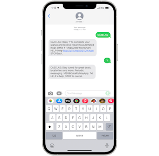 A graphic of an iPhone receiving messages from Cabela's automated deal notifications.