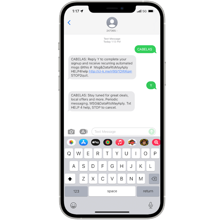 A graphic of an iPhone receiving messages from Cabela's automated deal notifications.