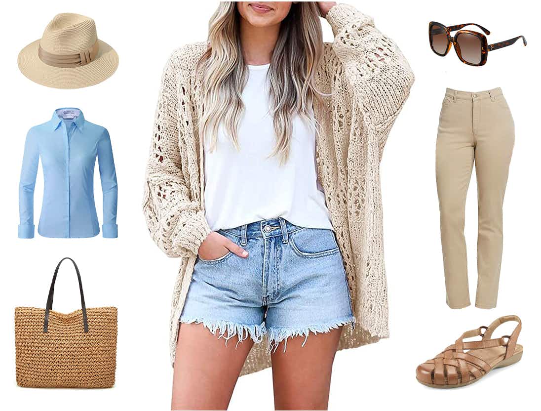 A collage of clothing items with the Coastal Grandmother aesthetic