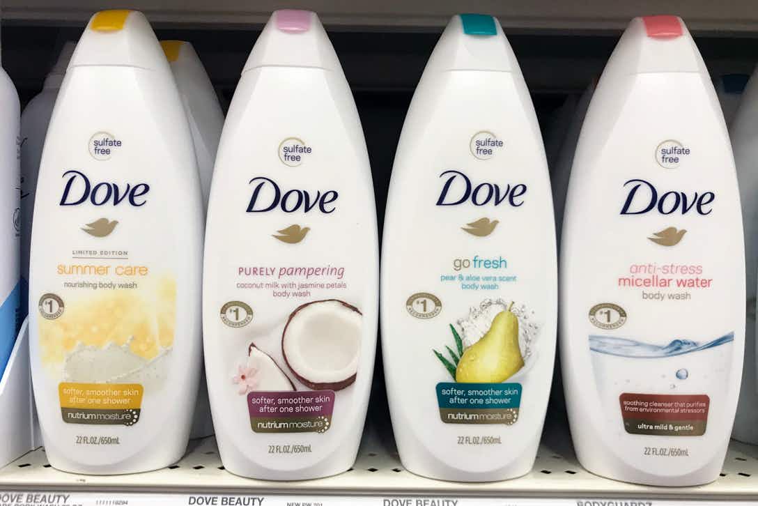 Bottles of Dove body wash on a shelf