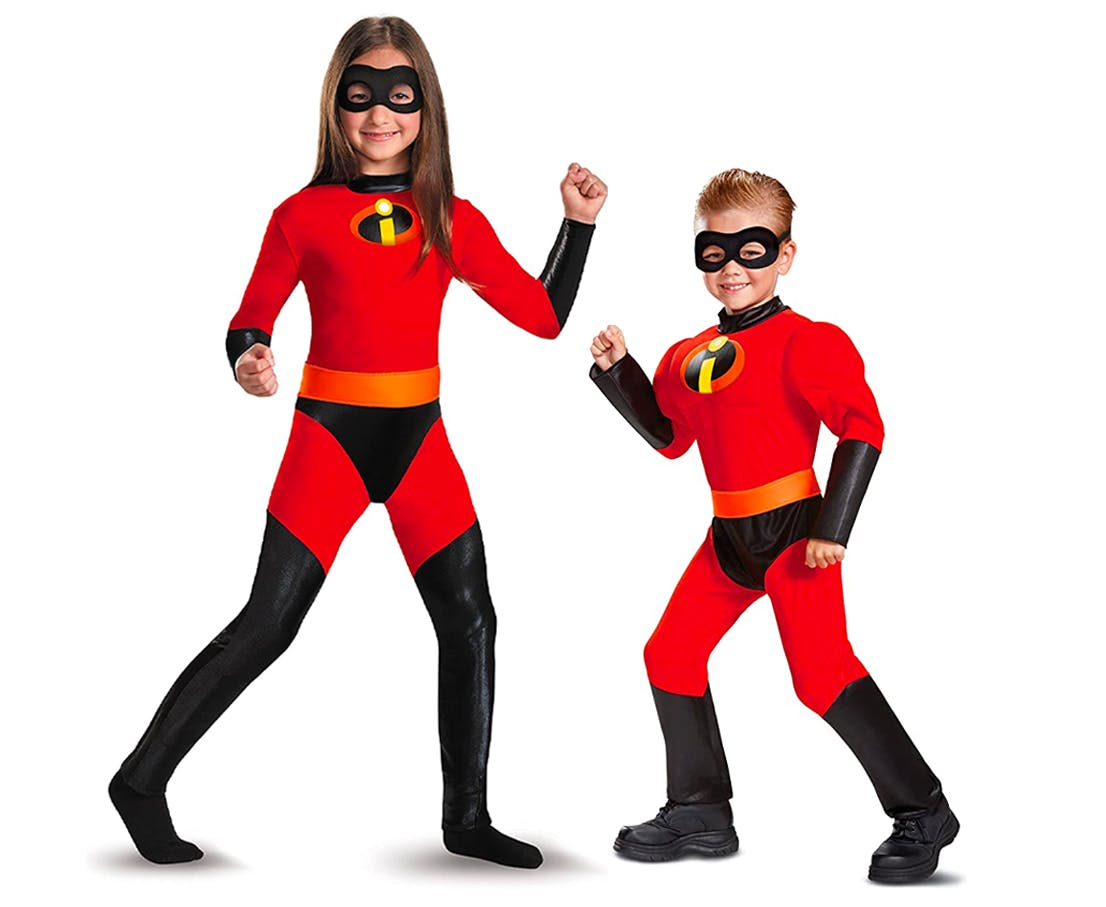 Children dressed as Violet and Dash from the Incredibles movie on a white background.