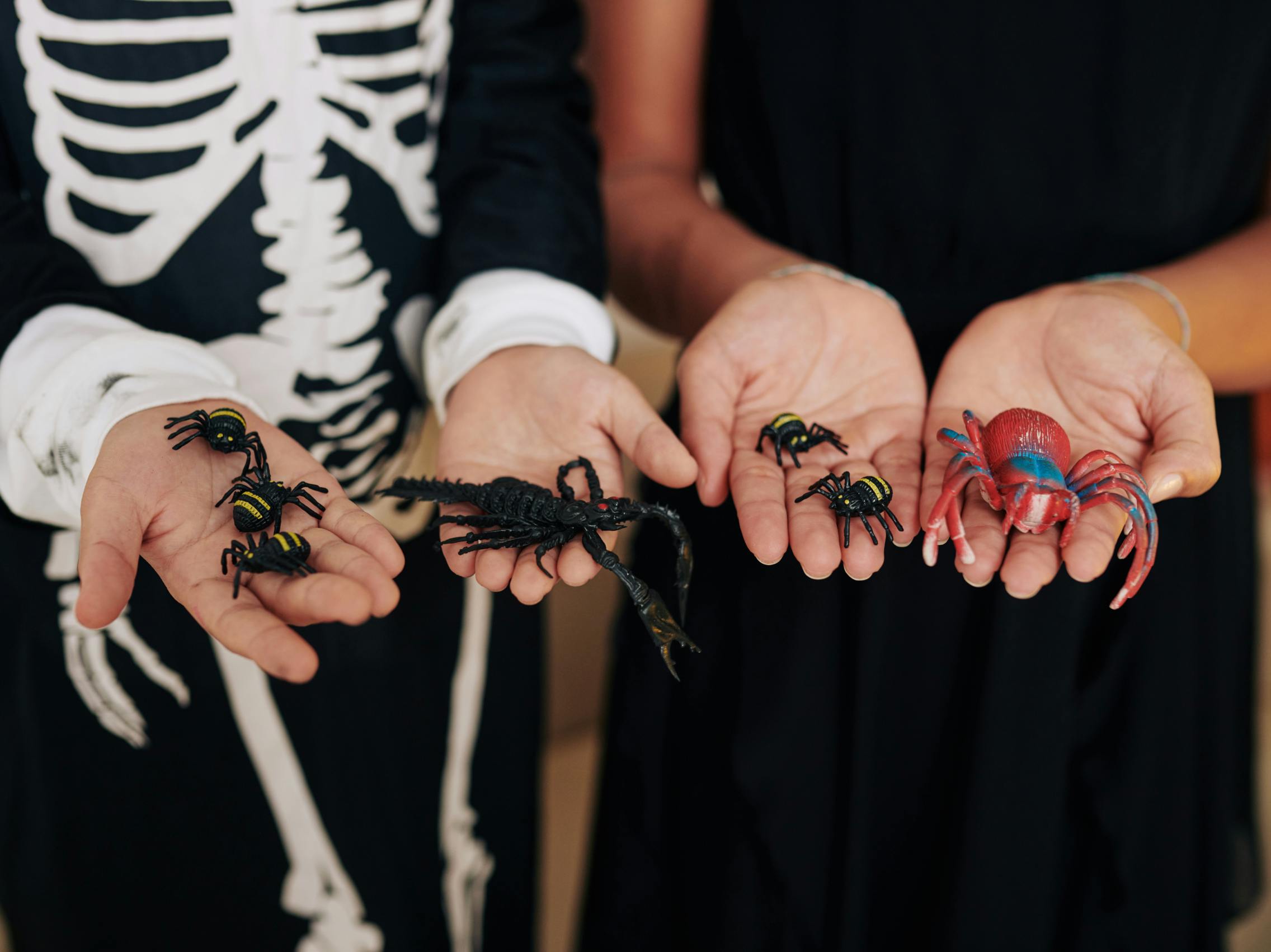 Two people holding out some fake plastic bugs in their hands while wearing costumes.