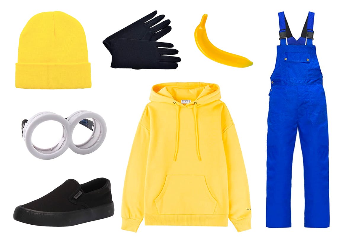 Clothing items collaged on a white background for a Minion Halloween costume.