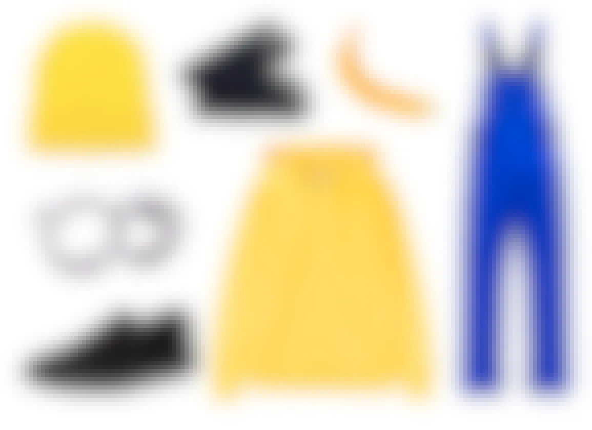 Clothing items collaged on a white background for a Minion Halloween costume.