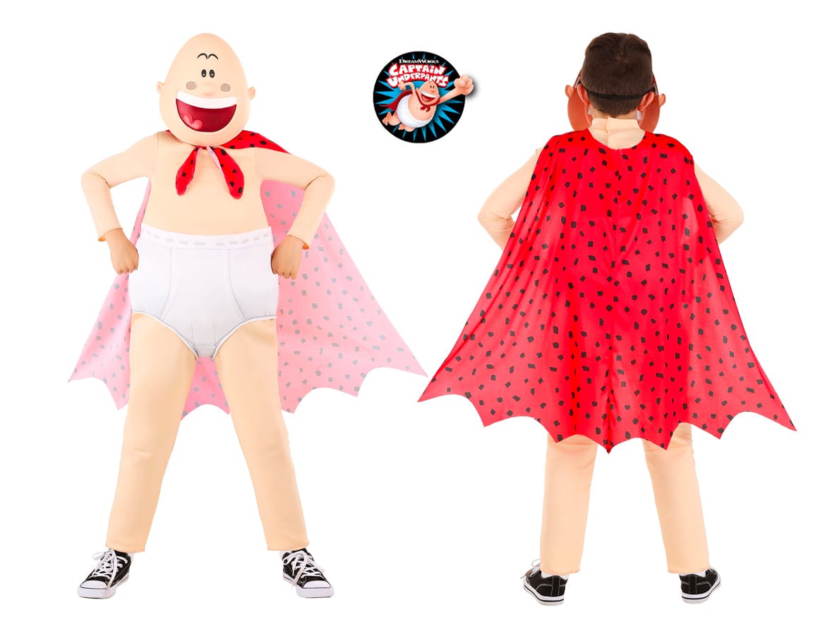A child wearing a Captain Underpants costume showing the front and back on a white background.