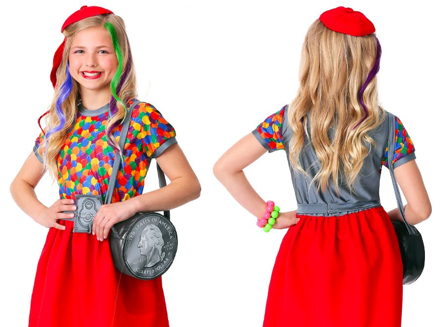 A young girl wearing a gumball machine halloween costume on a white background.