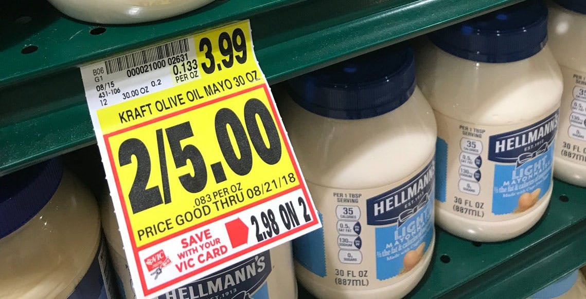 Price tag on a shelf, 2 for $5 on Kraft Olive Oil Mayo