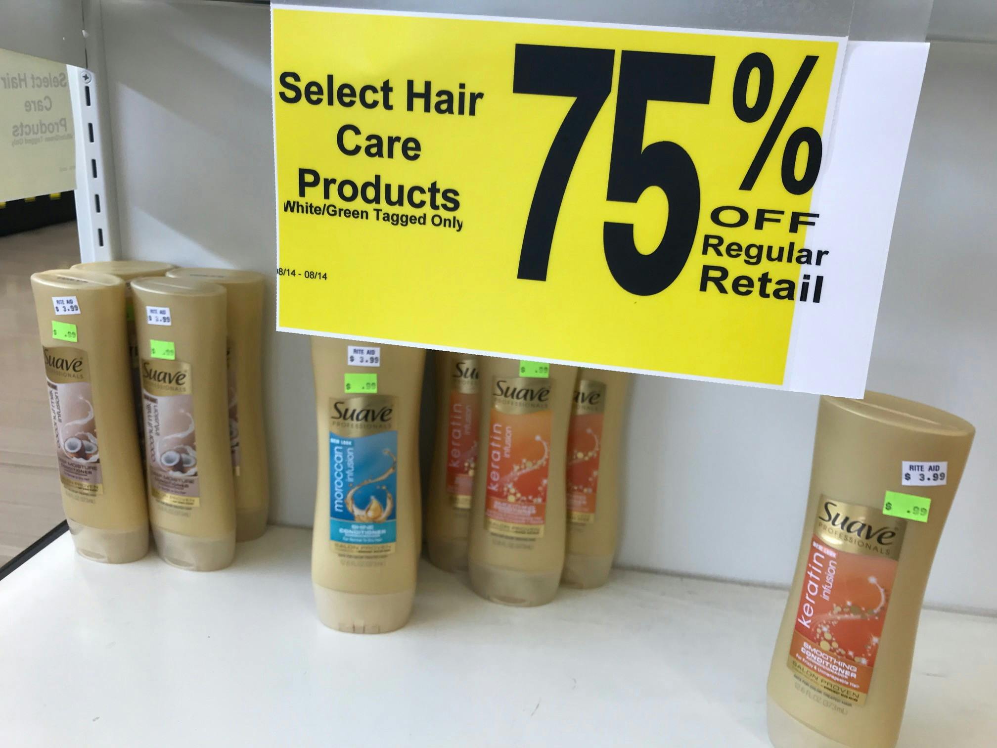 Clearance shelf with hair care and a sign that says, "select hair care products 75% off.