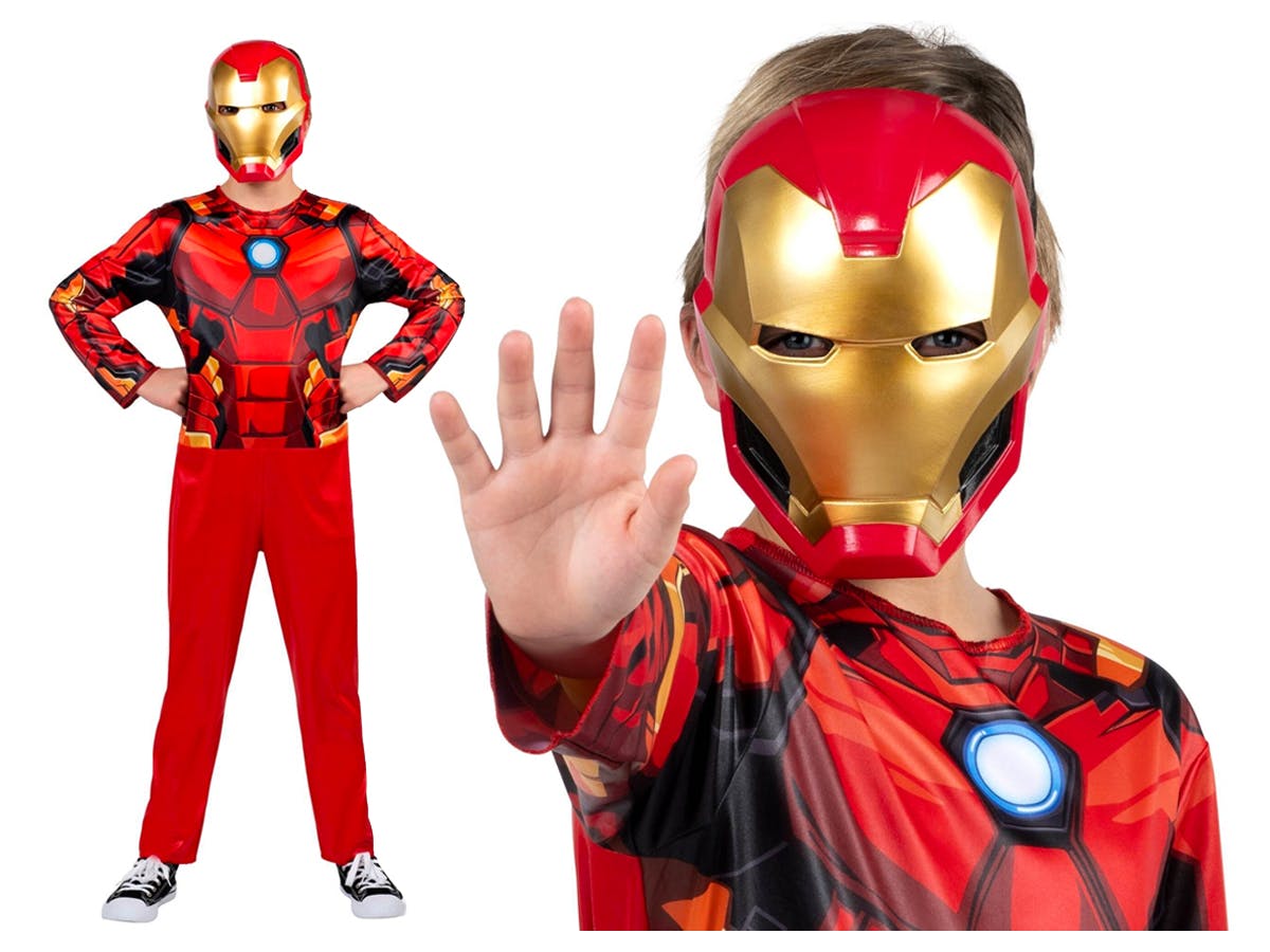 A child wearing a Iron Man costume showing a full body and close up view of the costume.