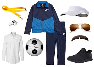 Clothing items collaged on a white background for a Ted Lasso Halloween costume.