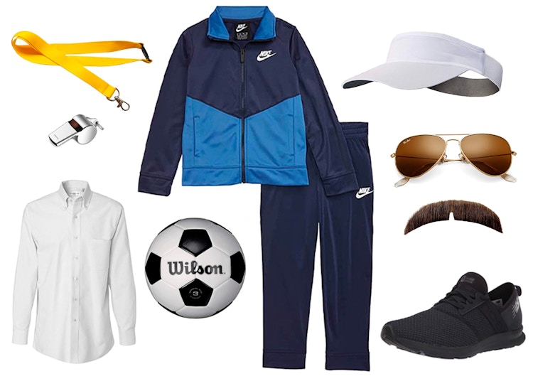 Clothing items collaged on a white background for a Ted Lasso Halloween costume.