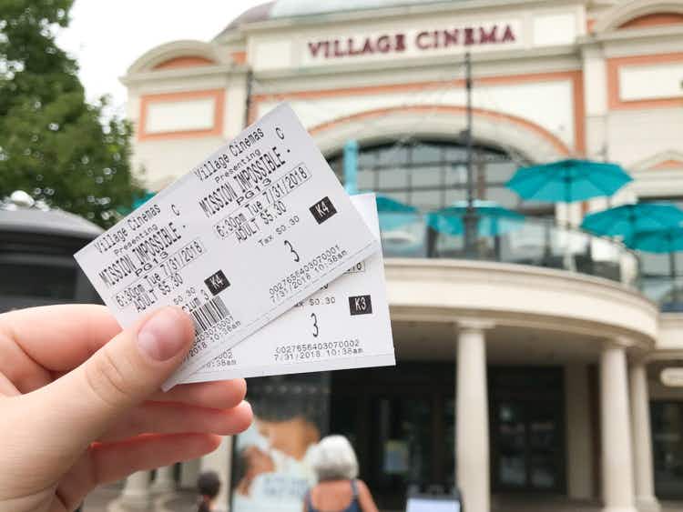 Two movies tickets in front of a theater showing the sales price of $5.30.