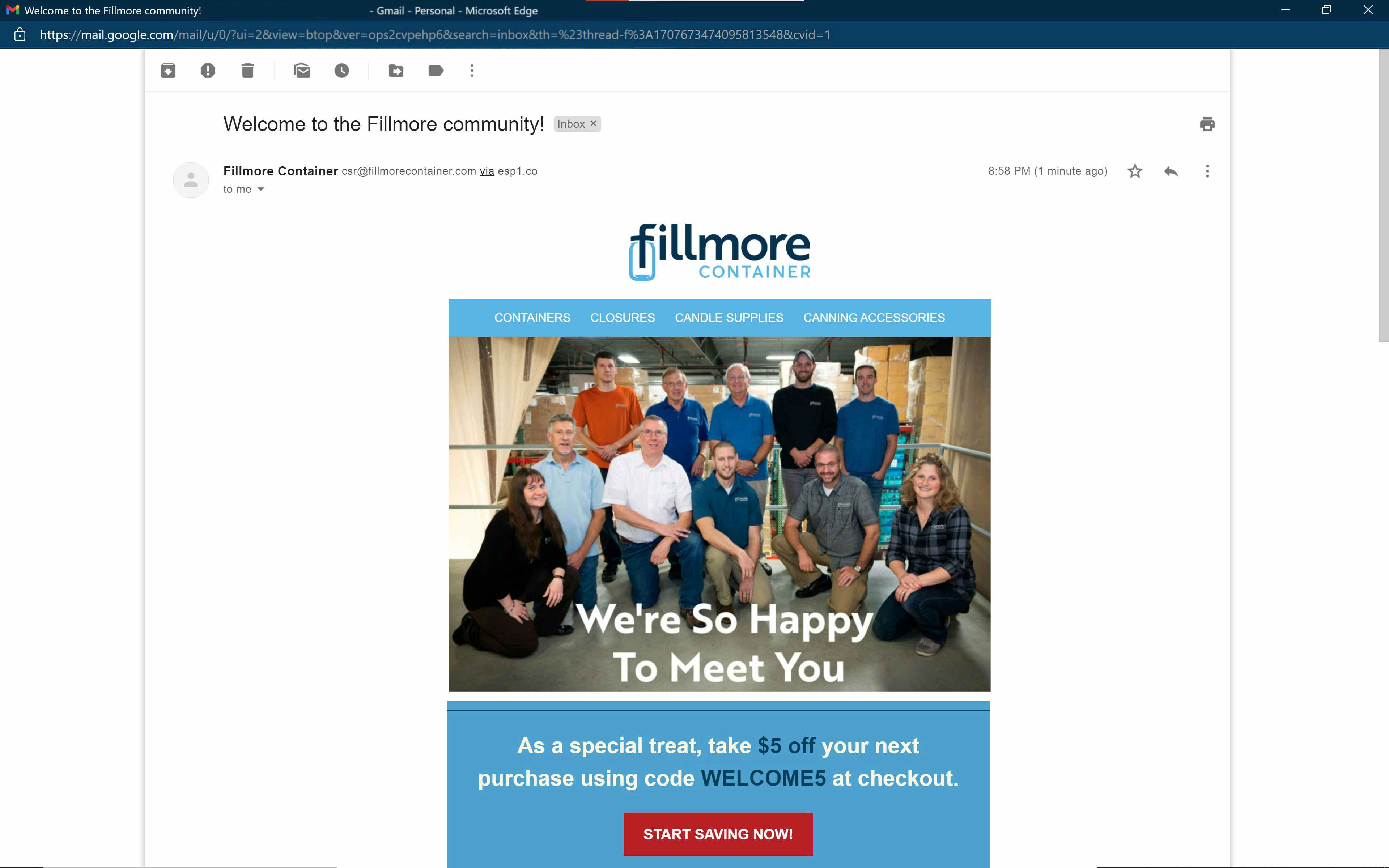 A screenshot of a filmore container canning email coupon.