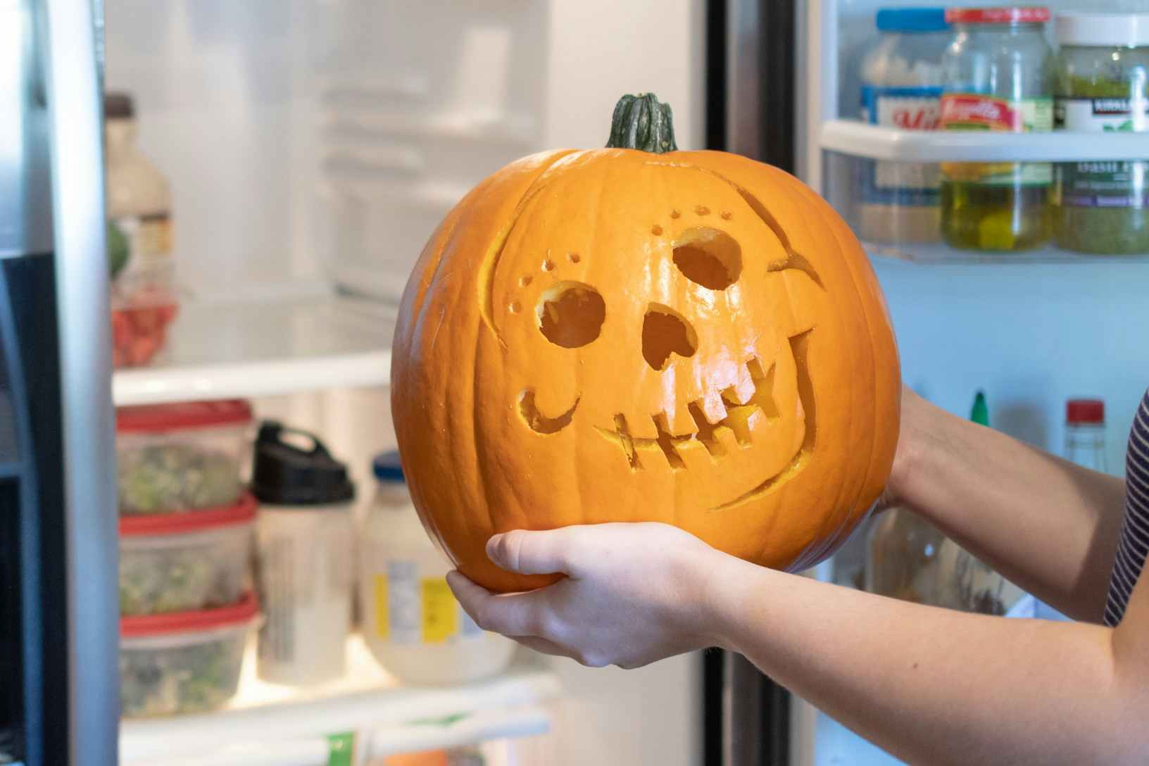 Someone putting a carved pumpkin into a refrigerator