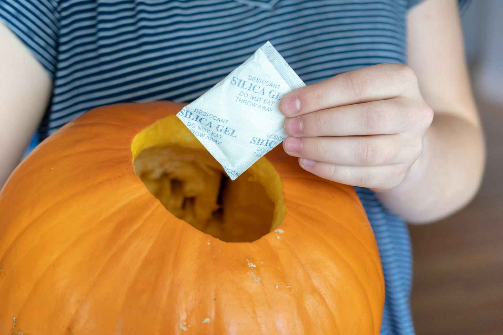 A silica gel packet being placed into a carved pumpkin