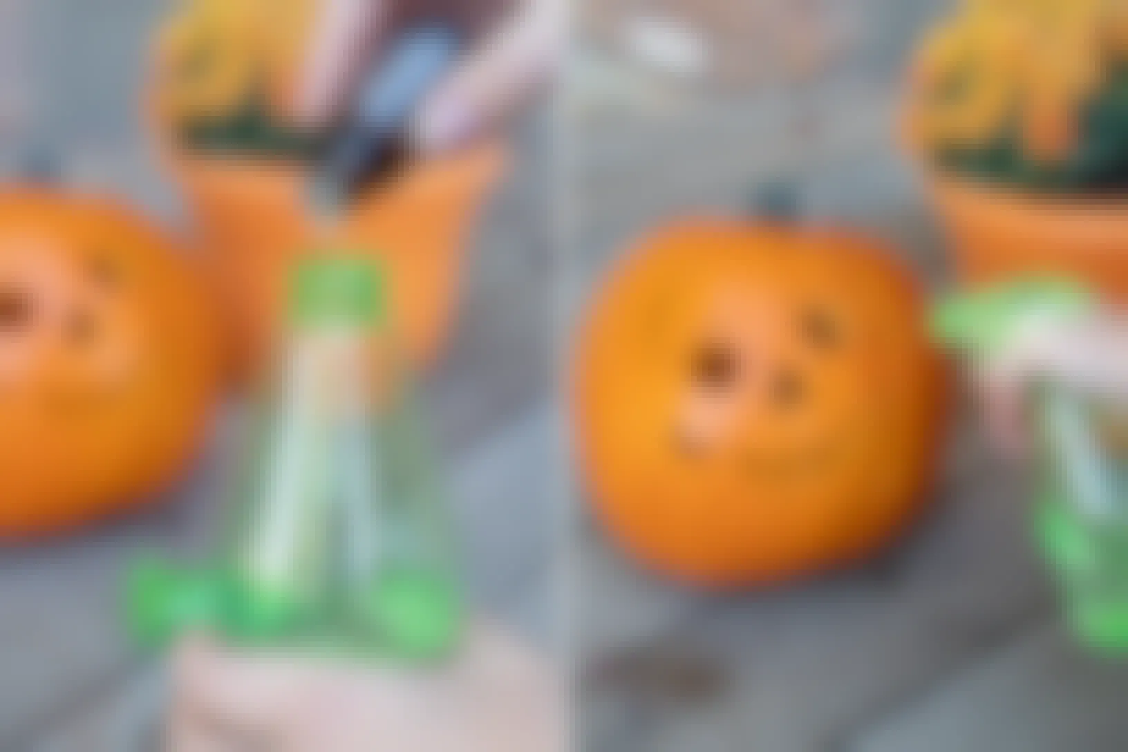 Person adding peppermint oil to a spray bottle and spraying a carved pumpkin
