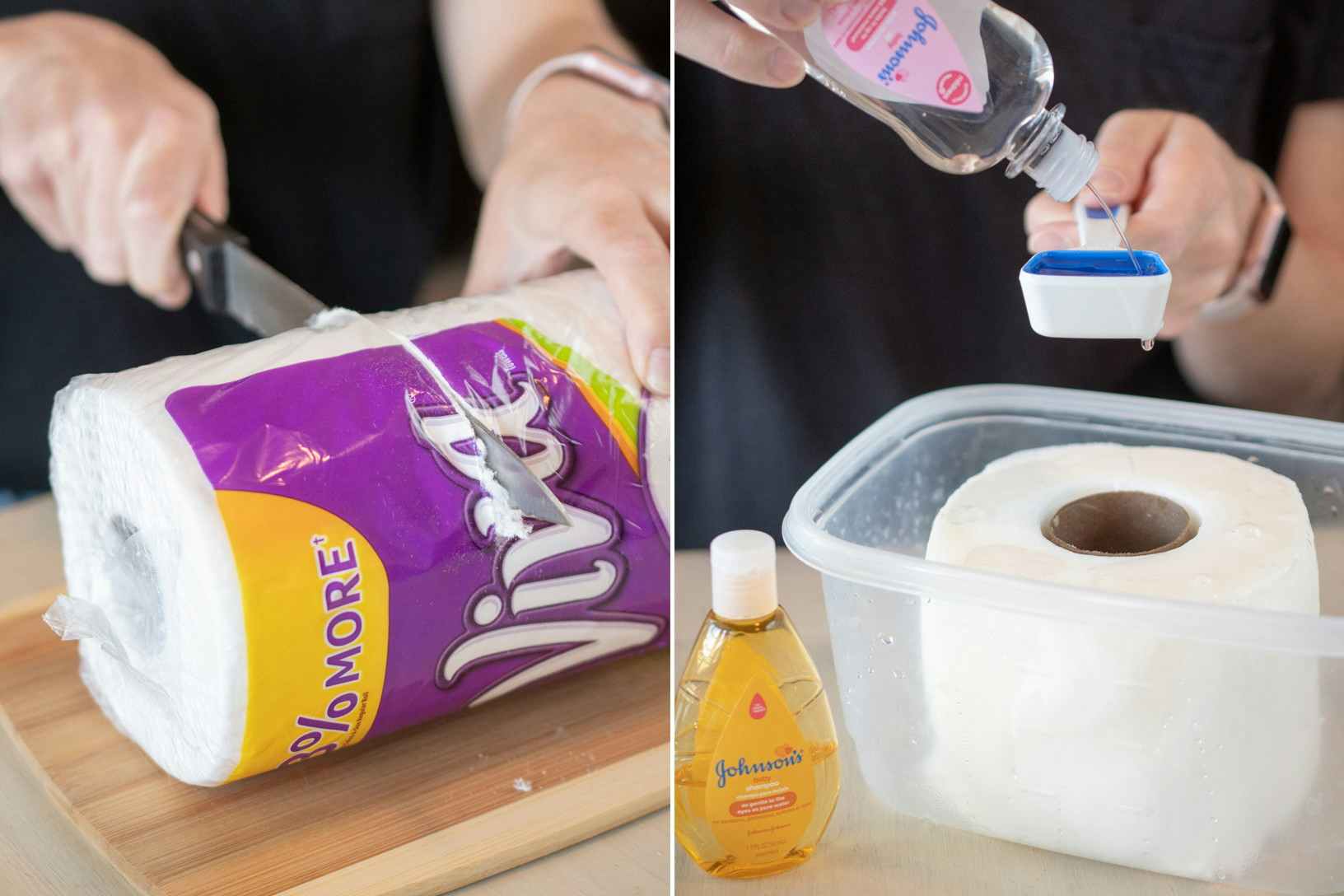 person cutting roll of paper towels and adding baby shampoo for DIY wipes