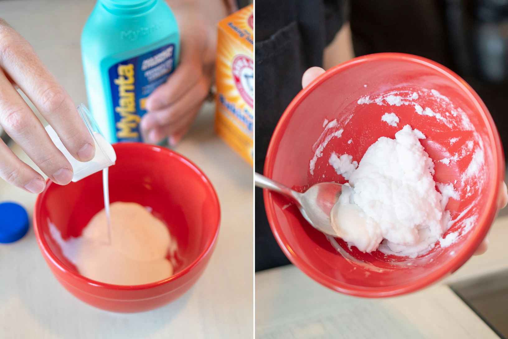 person mixing Mylanta and baking soda for DIY diaper rash paste