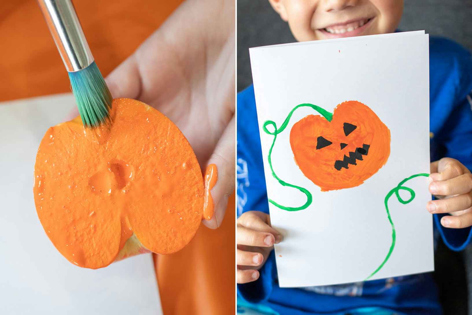 Two photos side by side; A person painting orange paint onto the front of an apple cut in half. A child holding a white card with a pumpkin jack-o'-lantern painted on the front.