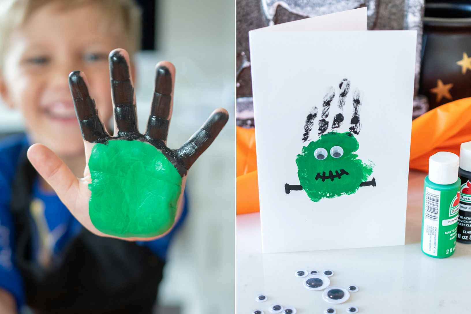 Two photos side by side: a small boy showing out his hand with green paint on his palm and black paint on his 4 fingers excluding his thumb. A card that looks like Frankenstein's monster made from a painted hand print and googly eyes