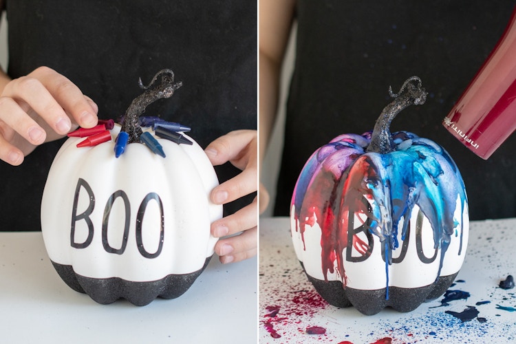 Two photos side-by-side; a person and hearing a crayon to the top of an artificial pumpkin. A person using a blow dryer to melt the colorful crayons onto an artificial pumpkin.