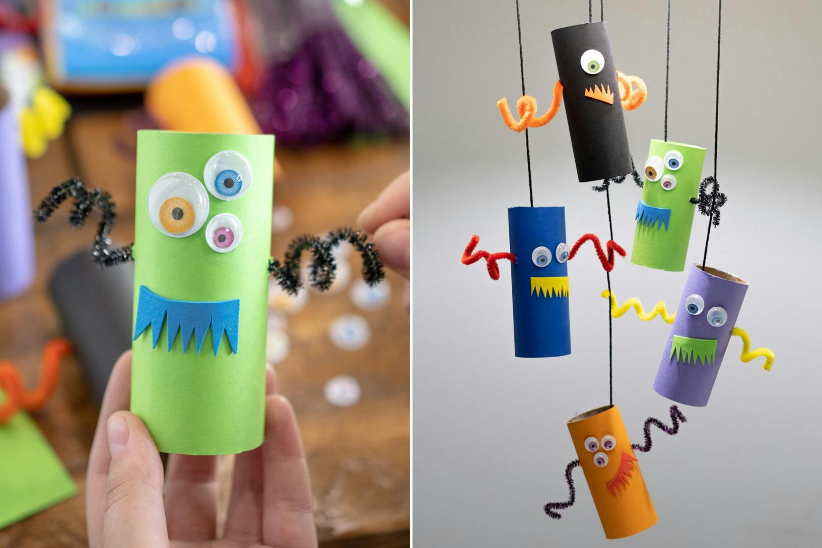 Toilet paper roll made into monsters to create a paper monster mobile.