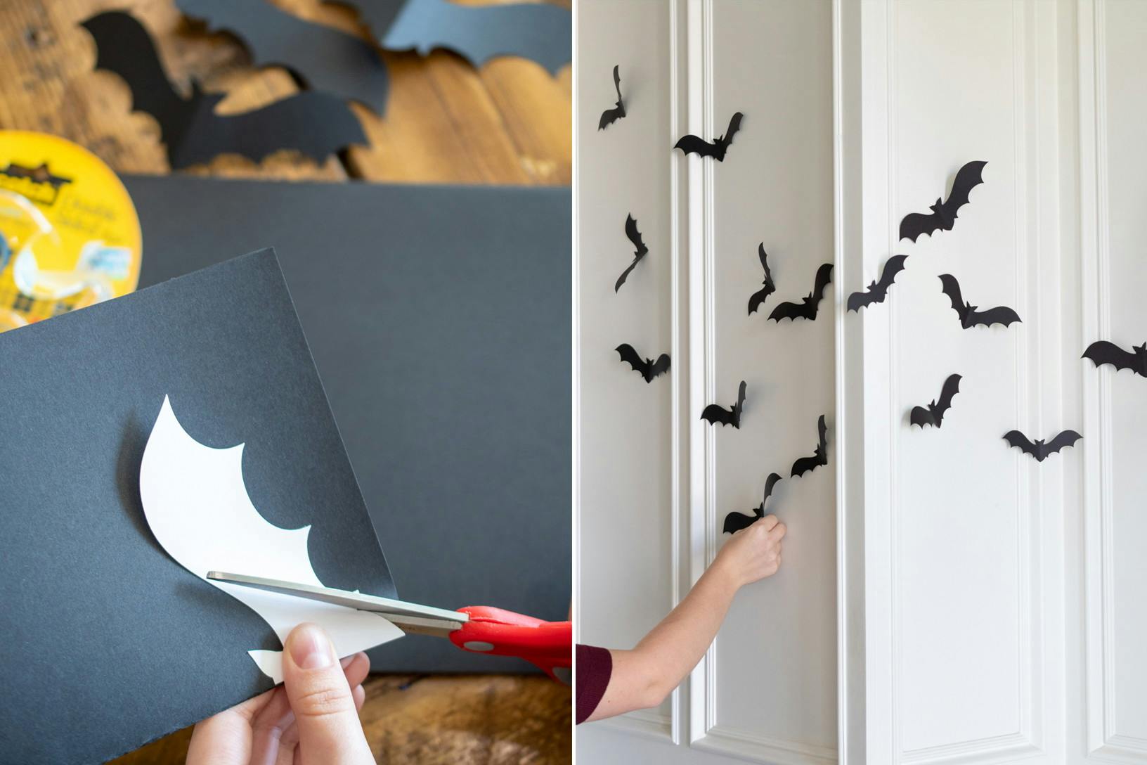 Two photos side-by-side; a person cutting out paper bats from black construction paper. A person attaching the black construction paper bats to a wall