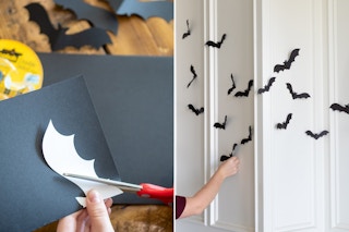 Two photos side-by-side; a person cutting out paper bats from black construction paper. A person attaching the black construction paper bats to a wall