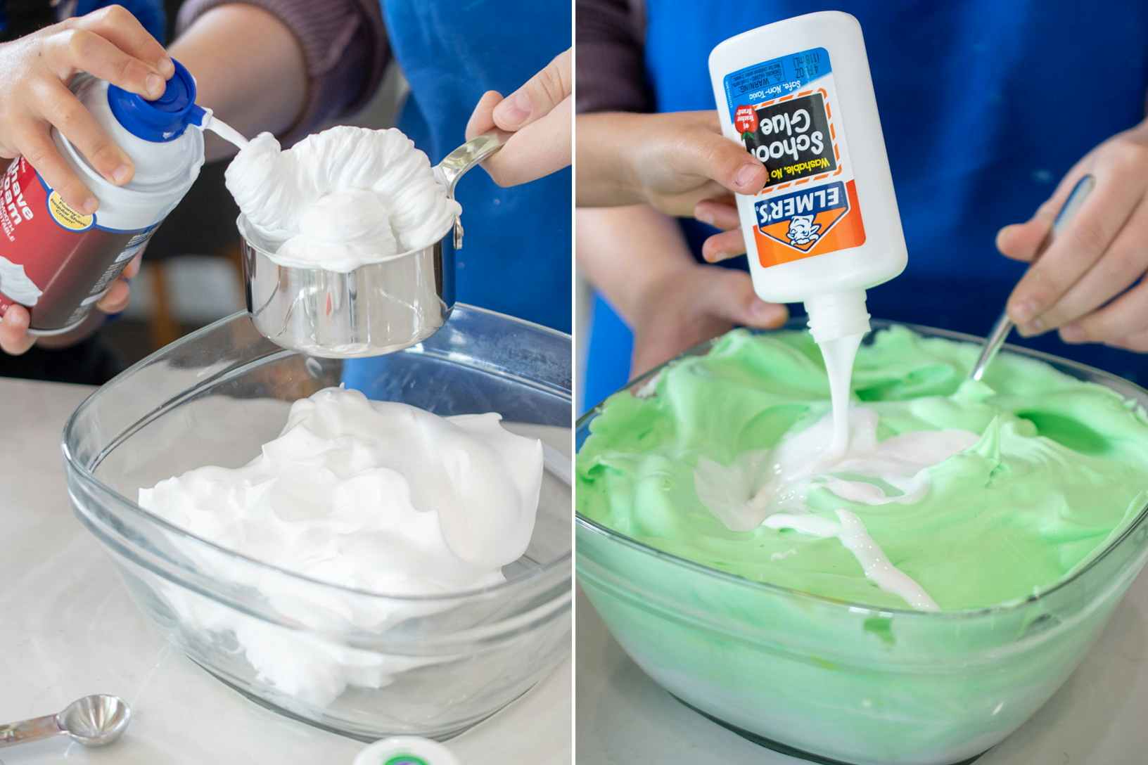 Two photos side-by-side; a person filling a measuring cup and bowl full of shaving cream. A person dumping Elmers white glue into a bowl filled with a green slime mixture