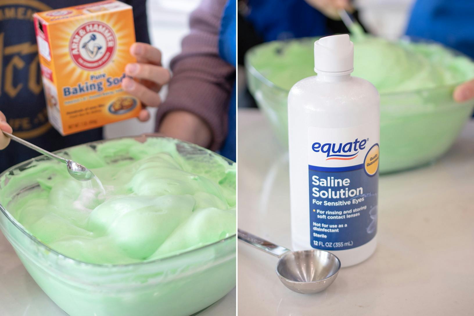 Two photos side-by-side; a person adding baking soda to a green slime mixture. A bottle of equate saline solution next to the bowl of green slime.