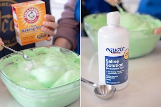 Two photos side-by-side; a person adding baking soda to a green slime mixture. A bottle of equate saline solution next to the bowl of green slime.