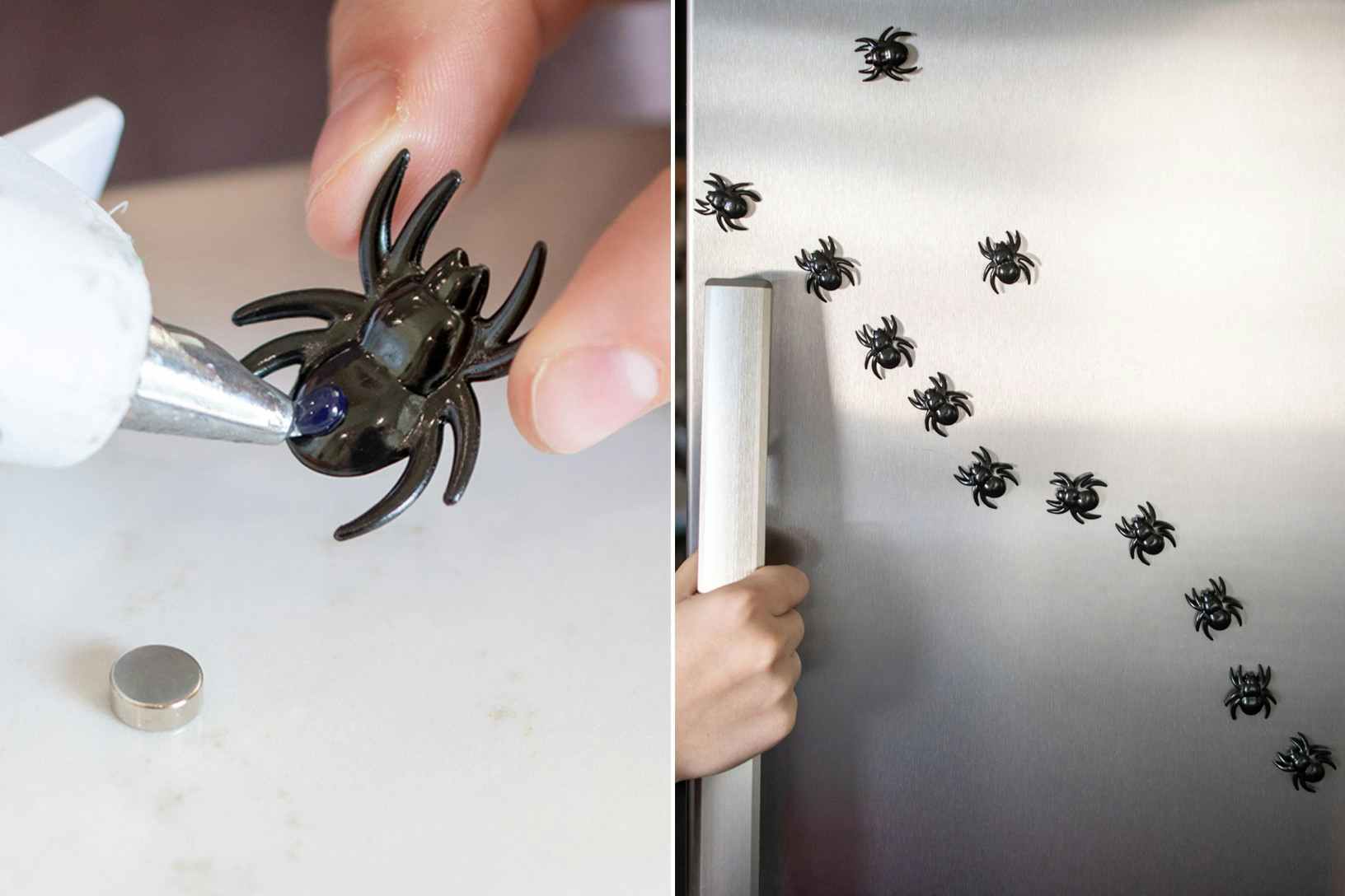 Two photos side by side: a person using hot glue to adhere a small magnet to the back of a plastic spider. A line of plastic spiders along a refrigerator door.