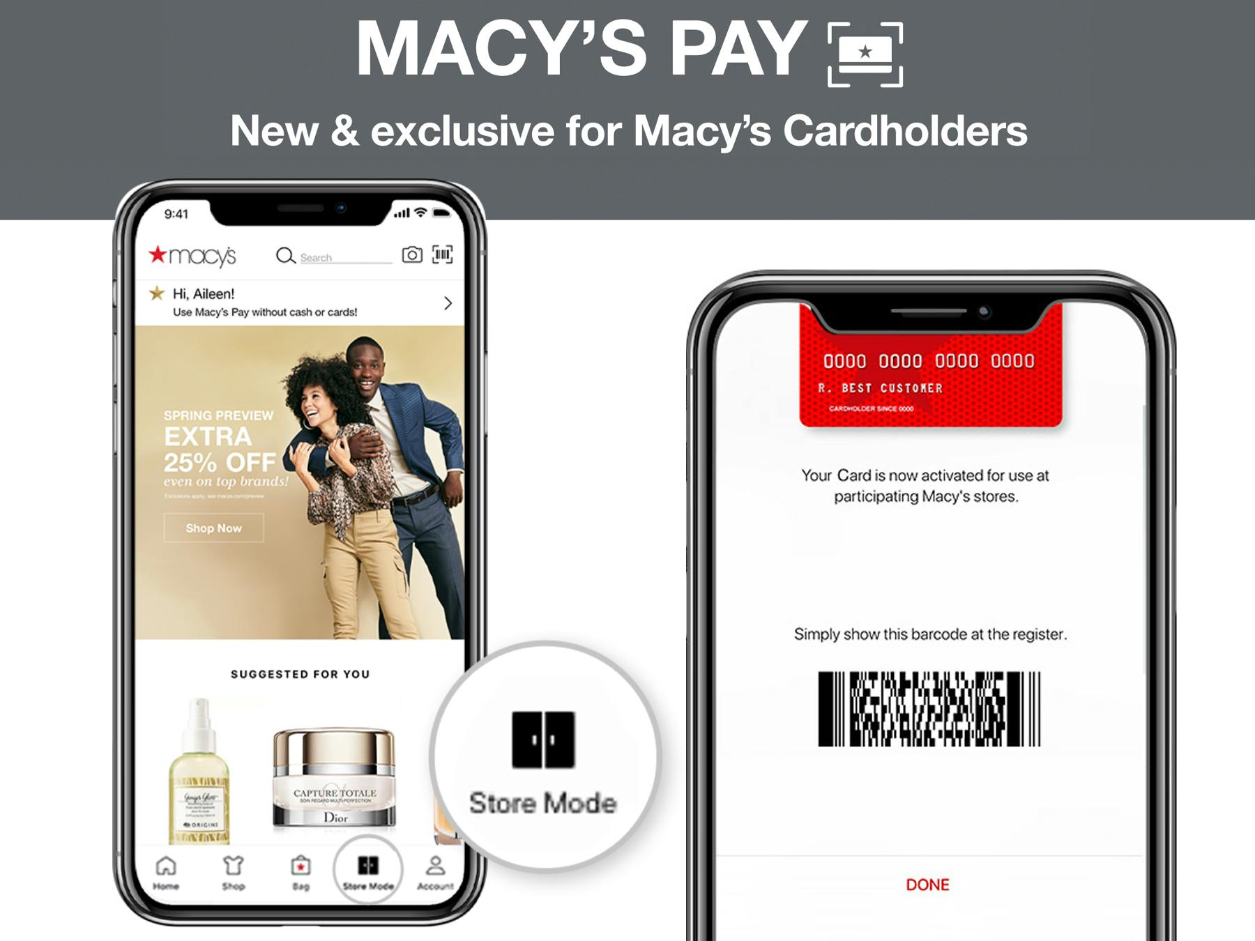 A graphic showing Macy's Pay, an option for Macy's Cardholders to use their phones to pay in store.