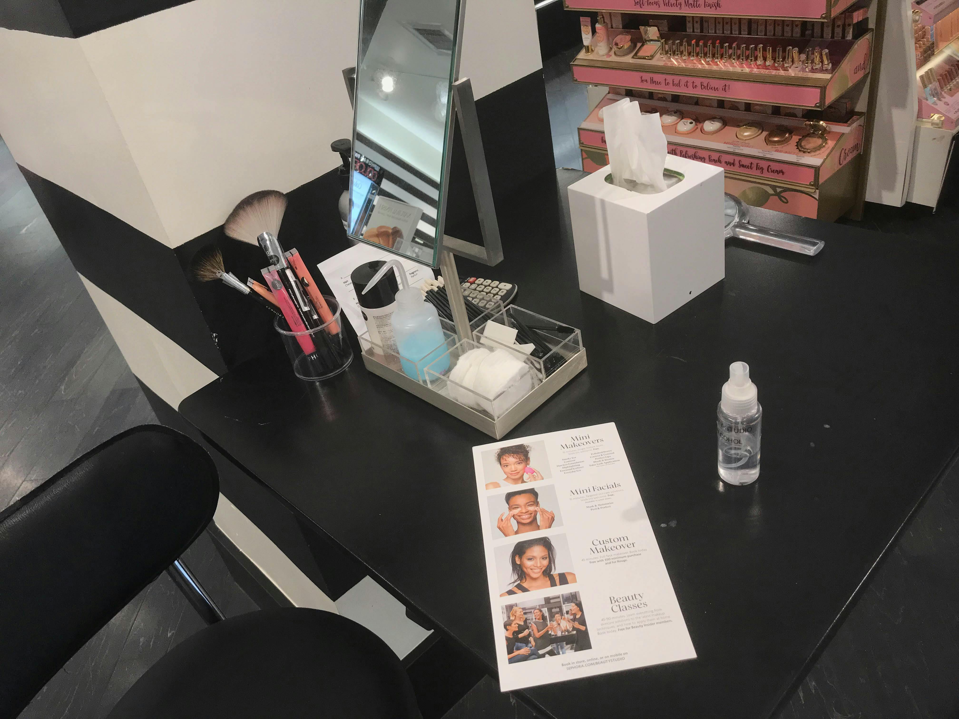 A Sephora makeover table