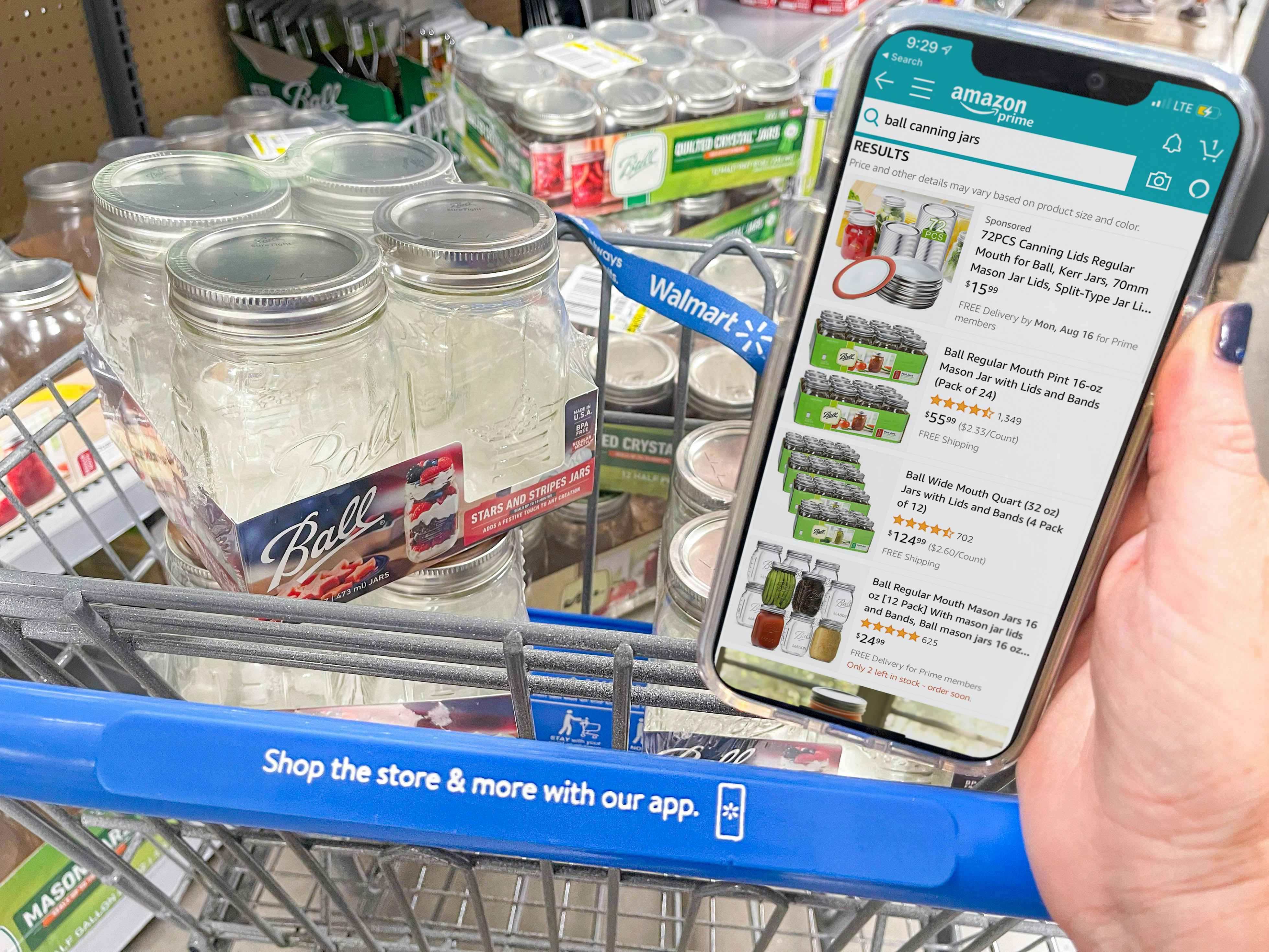 A person holding a cellphone displaying Ball canning jars on the Amazon app to compare prices with Walmart products sitting in a shopping cart behind the phone.