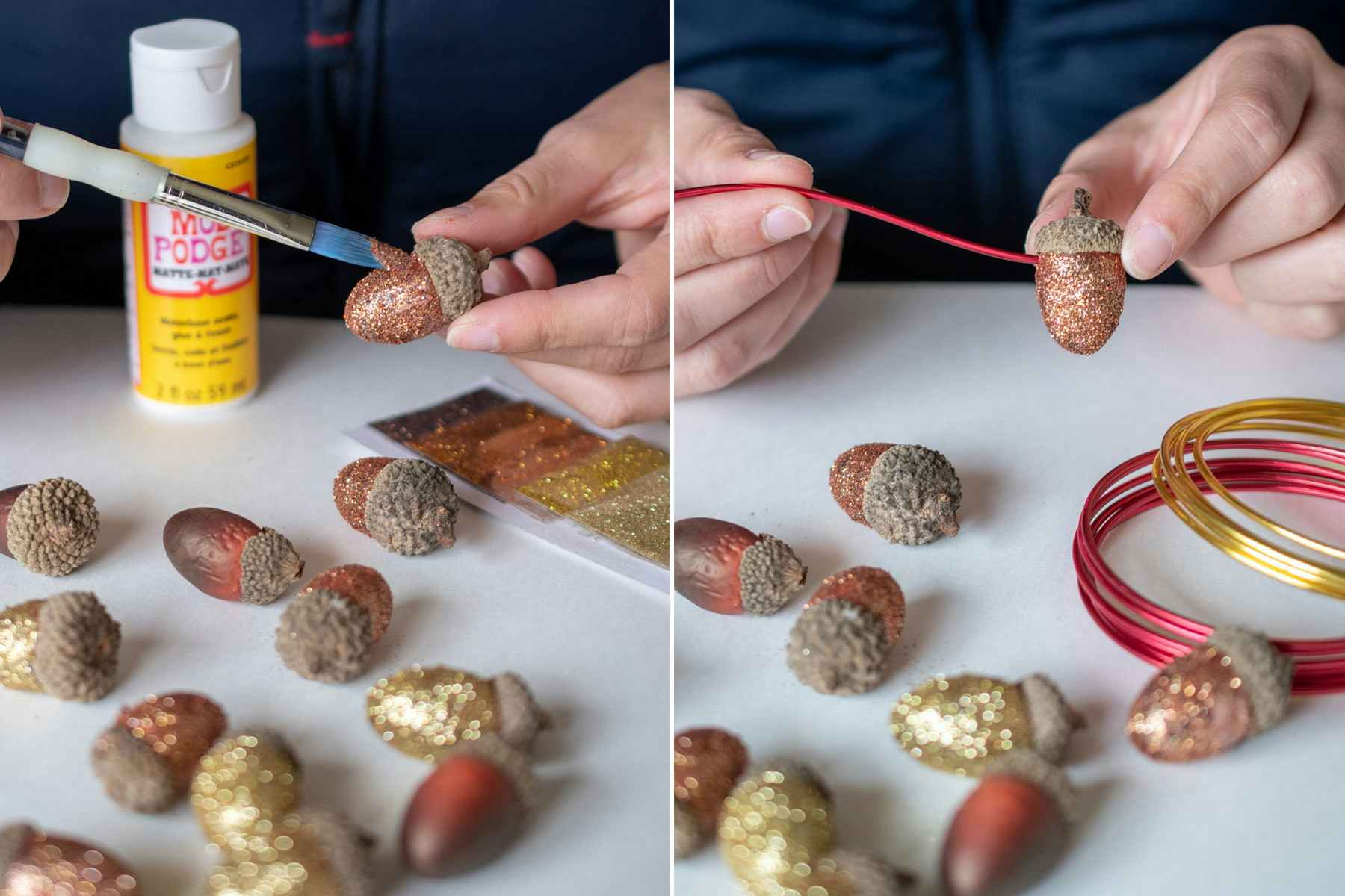 A person putting glitter and glue on the outside of a foam acorn.