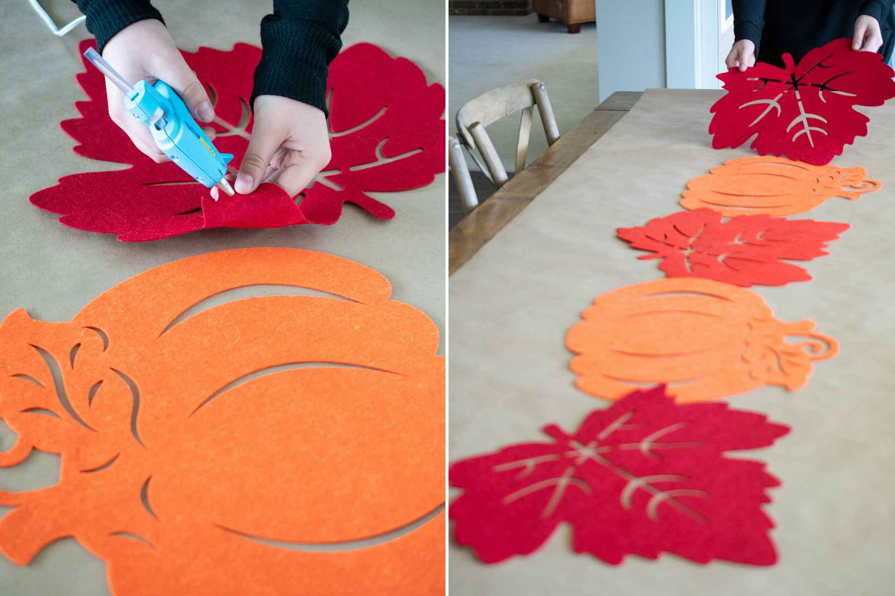 A person gluing felt leaf and pumpkin place mats together to make a table runner.
