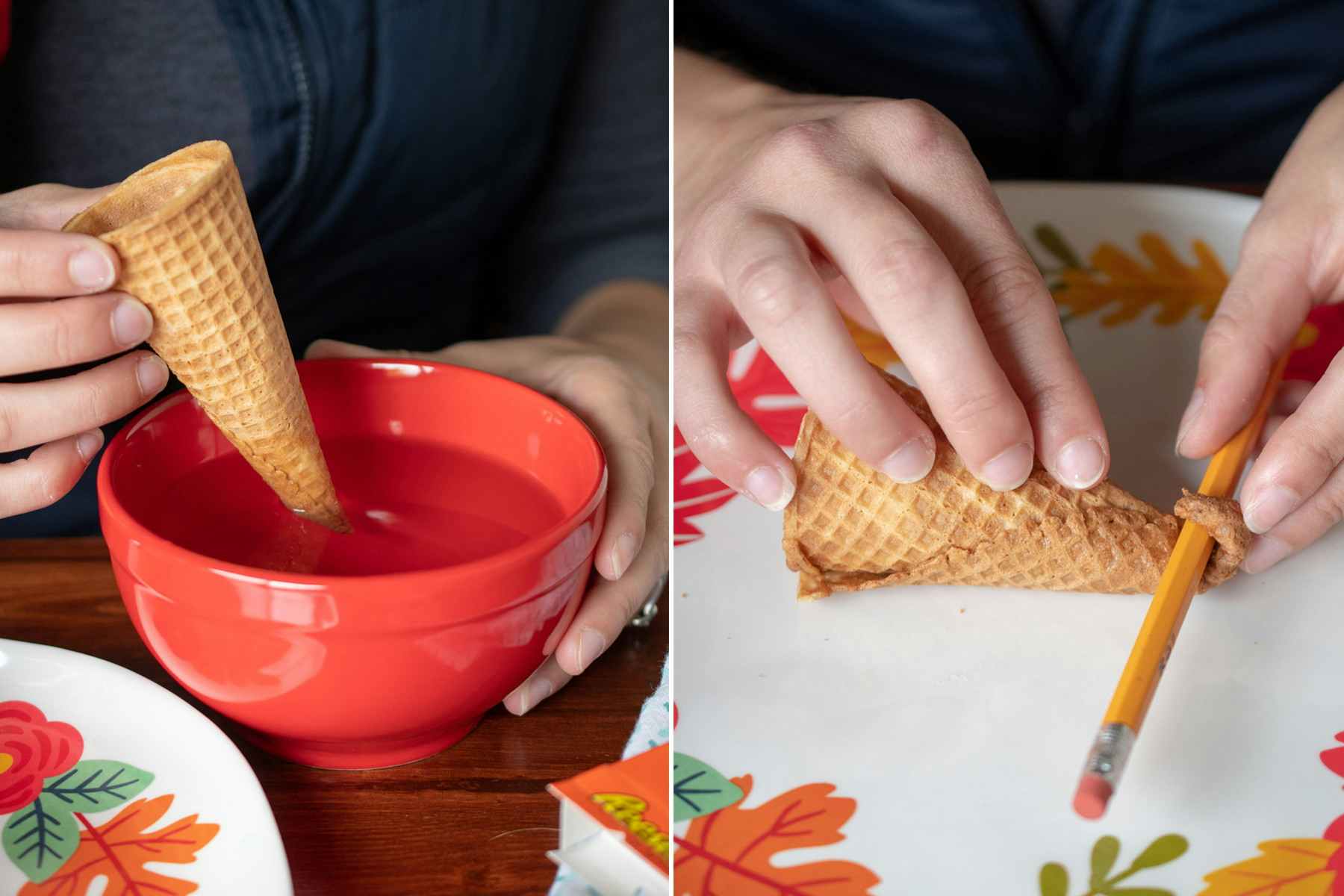 A person dipping an ice cream cone in a bowl of warm water and using a pencil to roll the bottom.