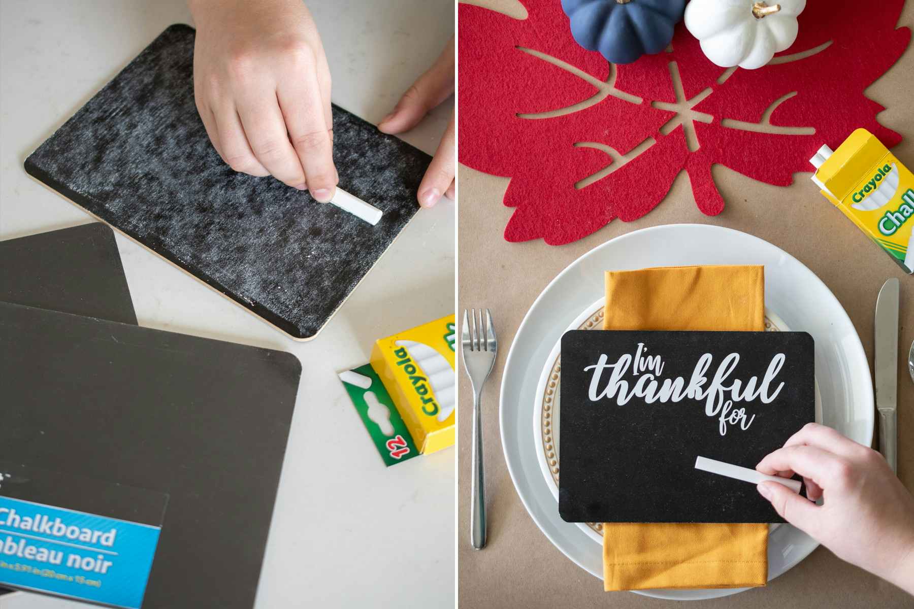 A thanksgiving chalk board with the words "I am thankful for" sitting on a plate and yellow napkin. 