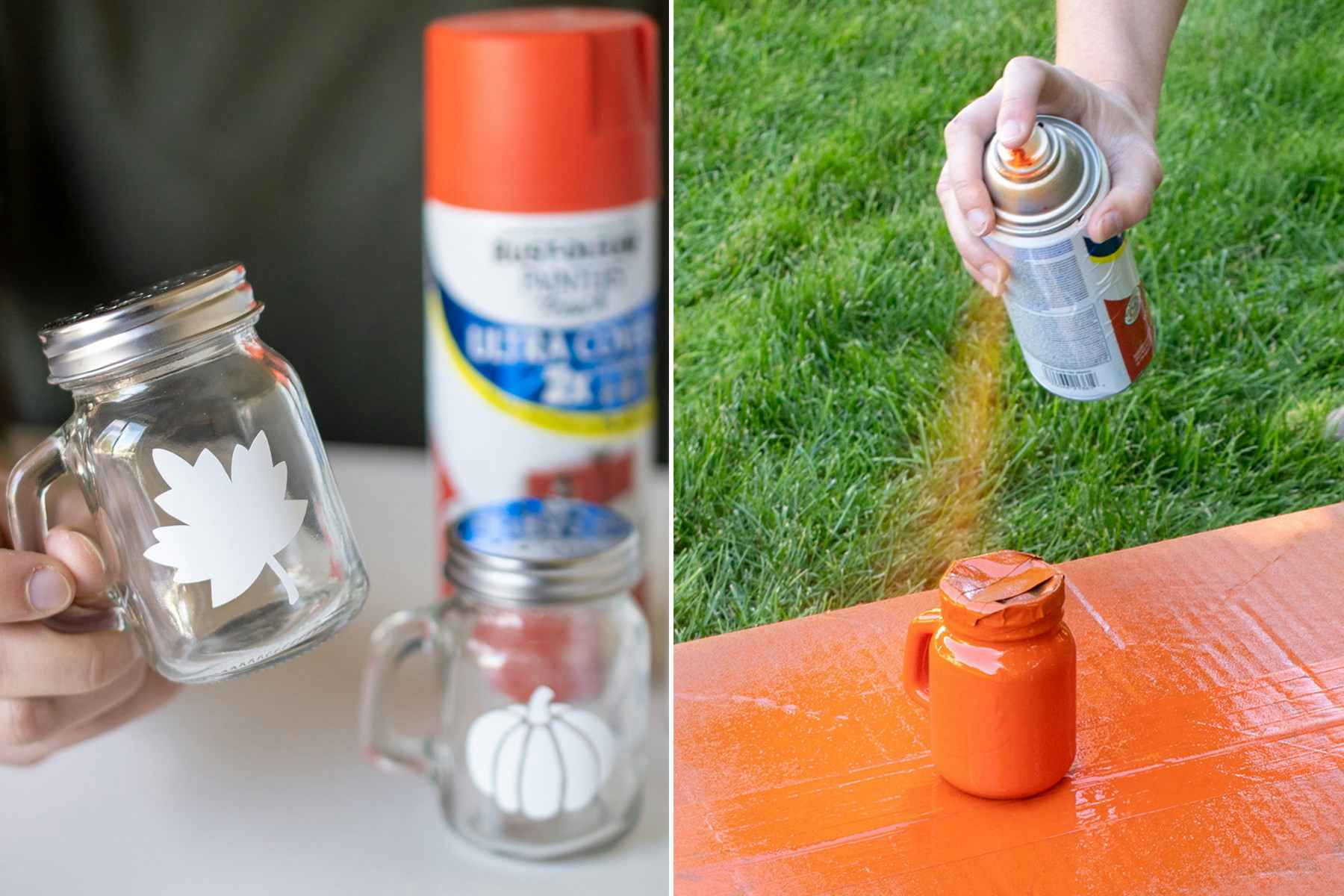 A person using spray paint to cover the outside of a salt shaker.